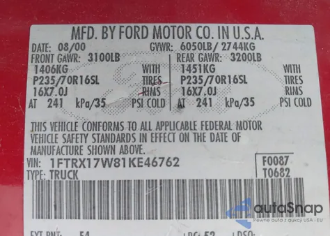 2001 Ford F-150 Lariat/Xl/Xlt из США, поврежденный, VIN 1FTRX17W81KE46762